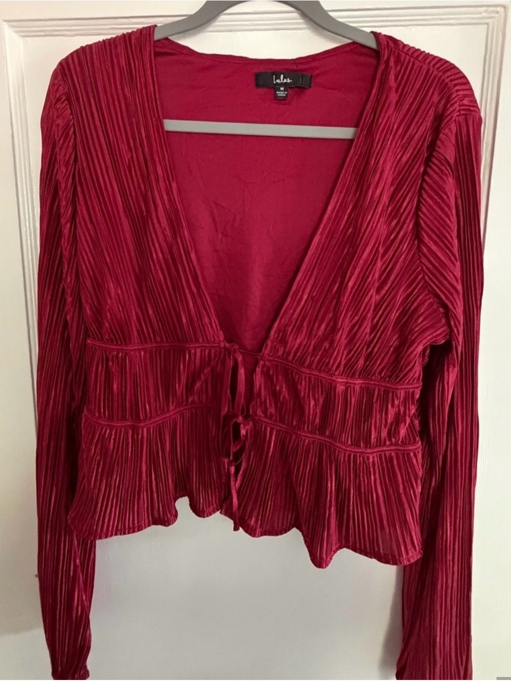 Lulu's Deep Red Pleated Velvet Tie-Front Top